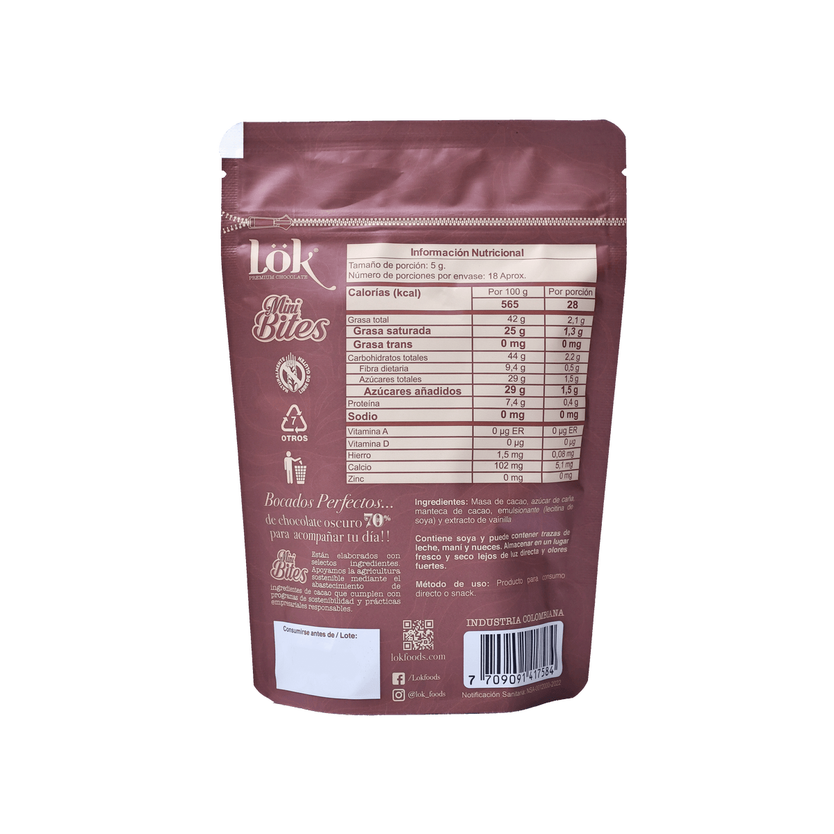 Mini bites de chocolate al 70% Cacao 90g | LÖK Foods