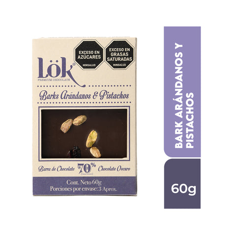 Bark de chocolate 70% con Arándanos y Pistachos 60g