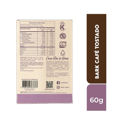 Bark de chocolate 70% con Café Tostado 60g