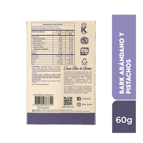 Bark de chocolate 70% con Arándanos y Pistachos 60g