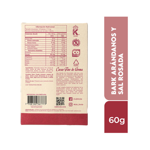 Bark de chocolate 70% con Arándanos y Sal Rosada 60g