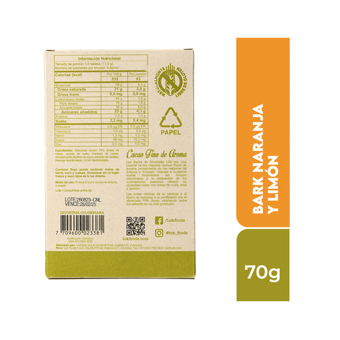 Bark de chocolate 70% con Naranja y Limón 70g