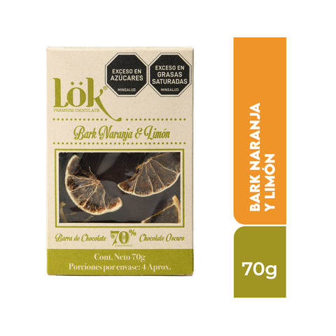 Bark de chocolate 70% con Naranja y Limón 70g