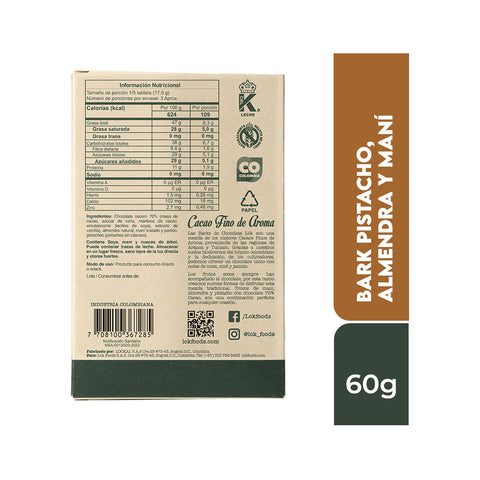 Bark de chocolate 70% con Pistacho, Almendra y Maní 60g