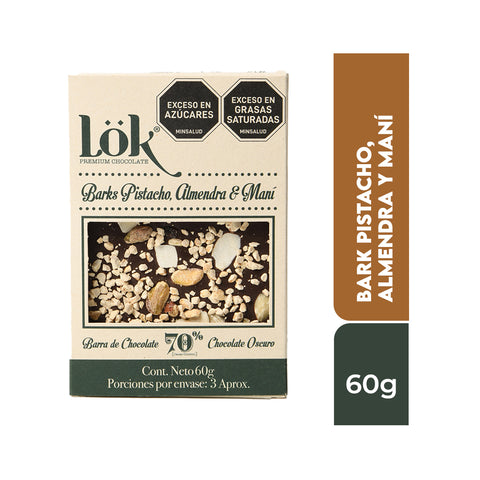 Bark de chocolate 70% con Pistacho, Almendra y Maní 60g