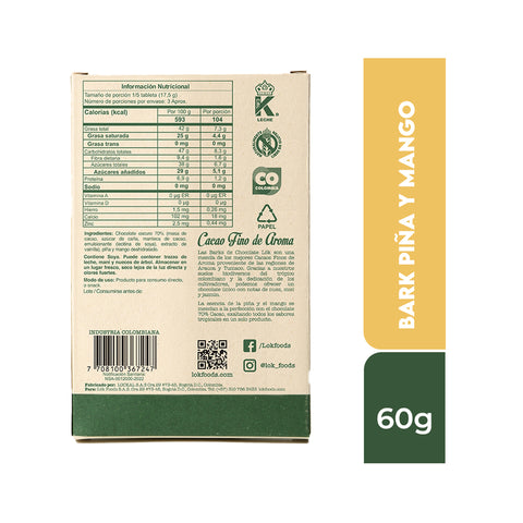 Bark de chocolate 70% con Piña y Mango 60g
