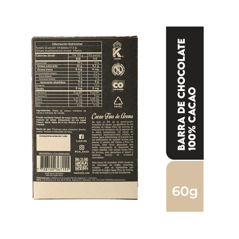 Barra de chocolate 100% cacao 60g