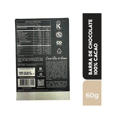 Barra de chocolate 100% cacao 60g