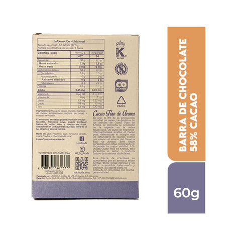 Barra de chocolate 58% cacao Sugar Free 60g