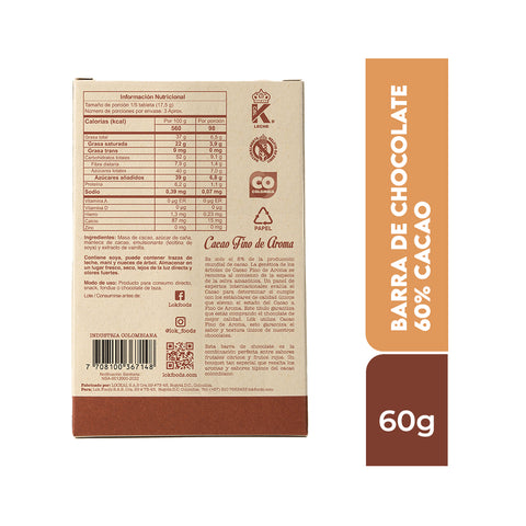 Barra de chocolate 60% cacao 85g