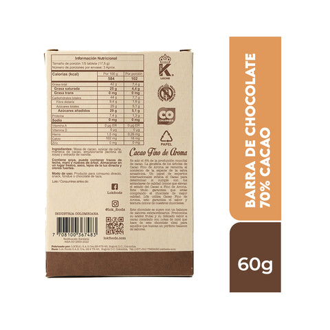 Barra de chocolate 70% cacao 60g