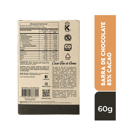 Barra de chocolate 85% cacao 60g