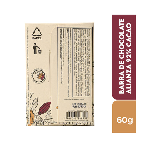 Barra de chocolate Alianza 92% cacao 60g