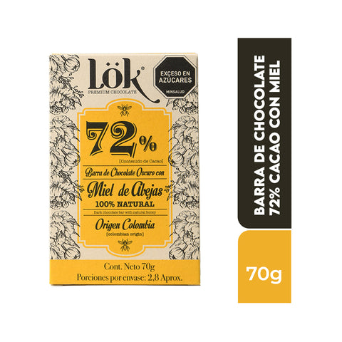 Barra de chocolate 72% cacao con Miel 70g
