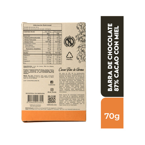 Barra de chocolate 87% cacao con Miel 70g