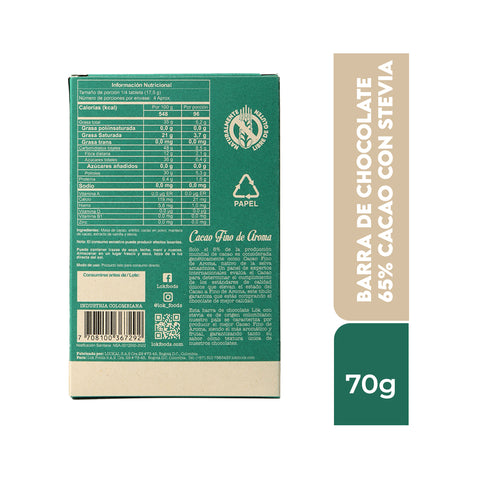 Barra de chocolate 65% cacao con Stevia 70g