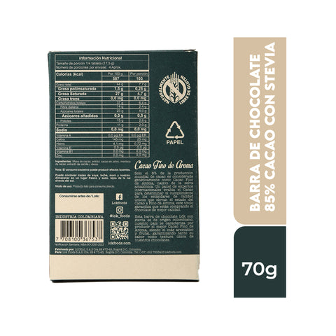 Barra de chocolate 85% cacao con Stevia 70g