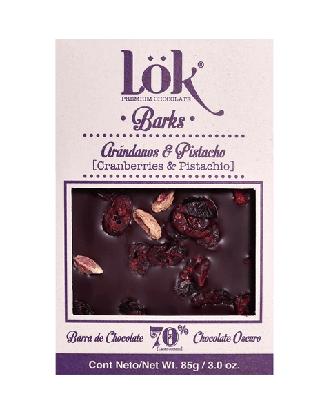 Bark de chocolate 70% con Arándanos y Pistachos 85g