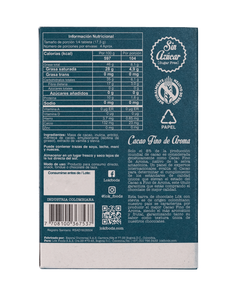 Barra de chocolate 85% cacao con Stevia 70g